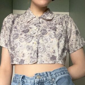 Vintage Ark Reworks Floral Cropped Blouse with Beautiful Embroidered Collar